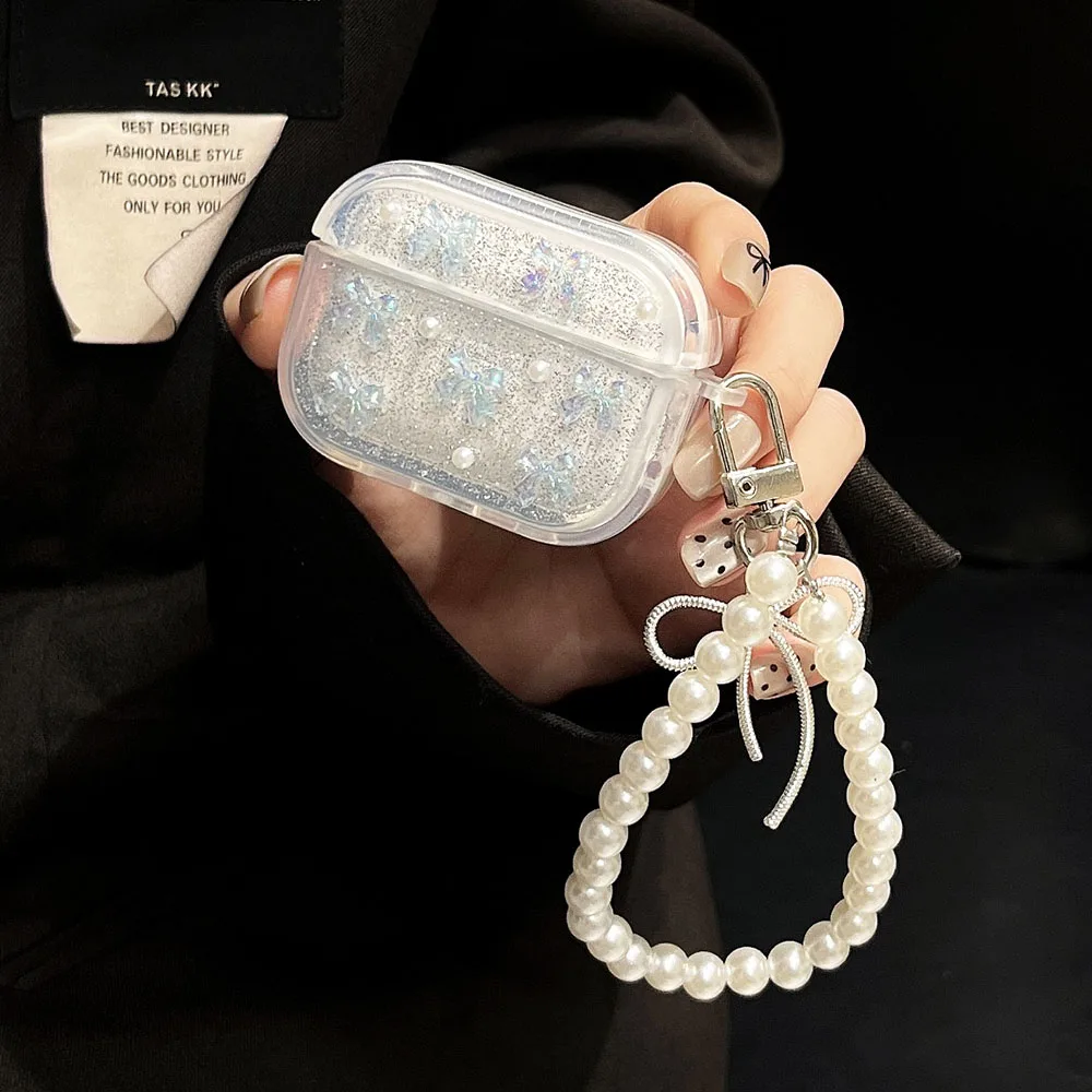 3D Laser Bowknot Shiny Glitter Epoxy Case For Apple Airpods Pro 2 1 3 Earphone Charging Box Fundas with Bow Knot Pearl Bracelet