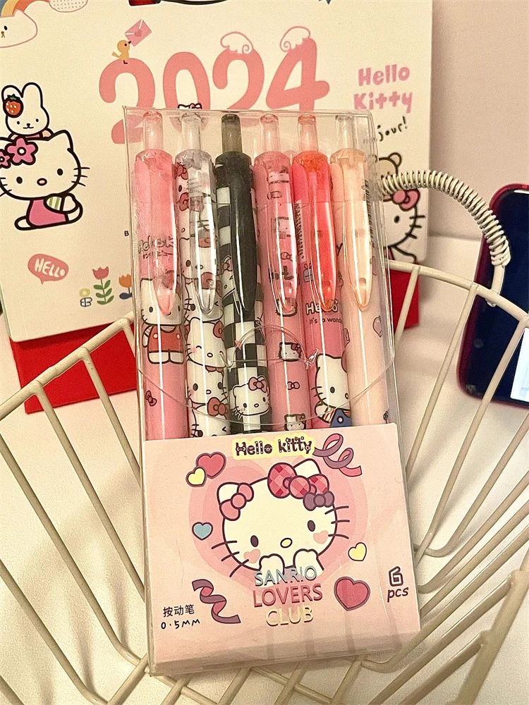 6Pcs Sanrio Gel Pen Hello Kitty Cartoon Kuromi ST Quick Drying Black 0.5mm Press The Ballpoint Pen Learning Stationery Gifts