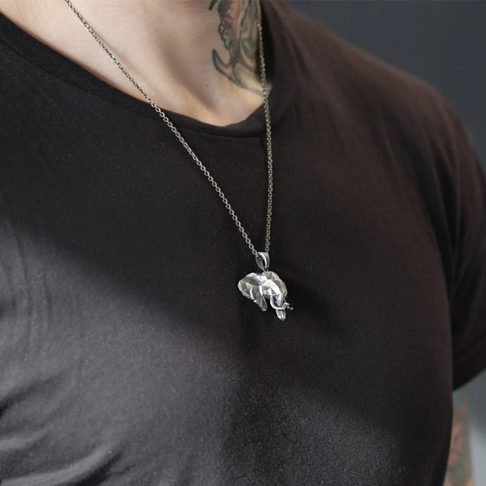 3D Elephant Head Pendant Necklace Feng Shui Inviting Wealth Animal Choker Necklace for Women and Men Sweater Chain Lucky Jewelry