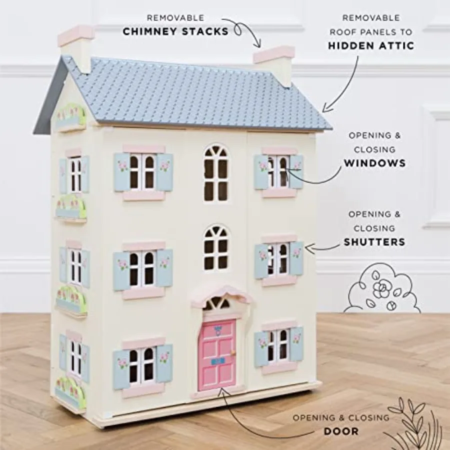 Precioso salón de cerezo grande, casa de muñecas de madera de 4 pisos, juego para niñas o niños |   Gran como regalo |   Adecuado para mayores de 3 años