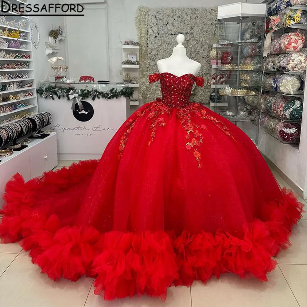 

Princess Red Lace Appliques Quinceanera Dresses Off The Shoulder Beaded Ball Gown Princess Dress Corset bestidos de 15