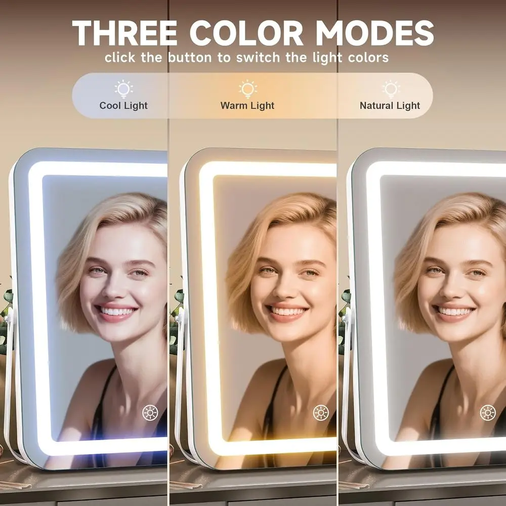 مرآة مكياج LED بلوتوث مع ضوء 17.7 × 13.8 ومكبر 10 مرات، ومستشعر ذكي، وإطار معدني أبيض