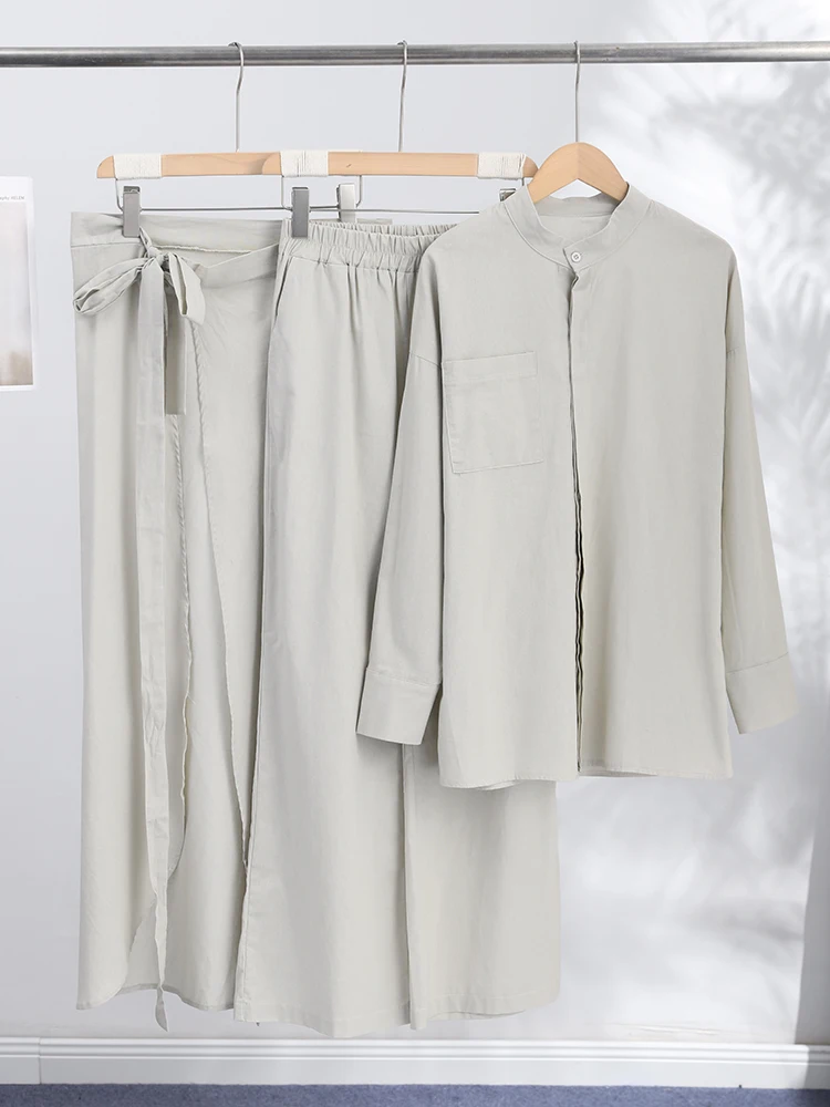 Spitzenrock, Hemd, weit geschnittene Hose, 3-teiliger Anzug für Damen, elegante Bluse mit Reverskragen, langen Ärmeln und Einreiher, Old-Money-Outfit – Detail 3