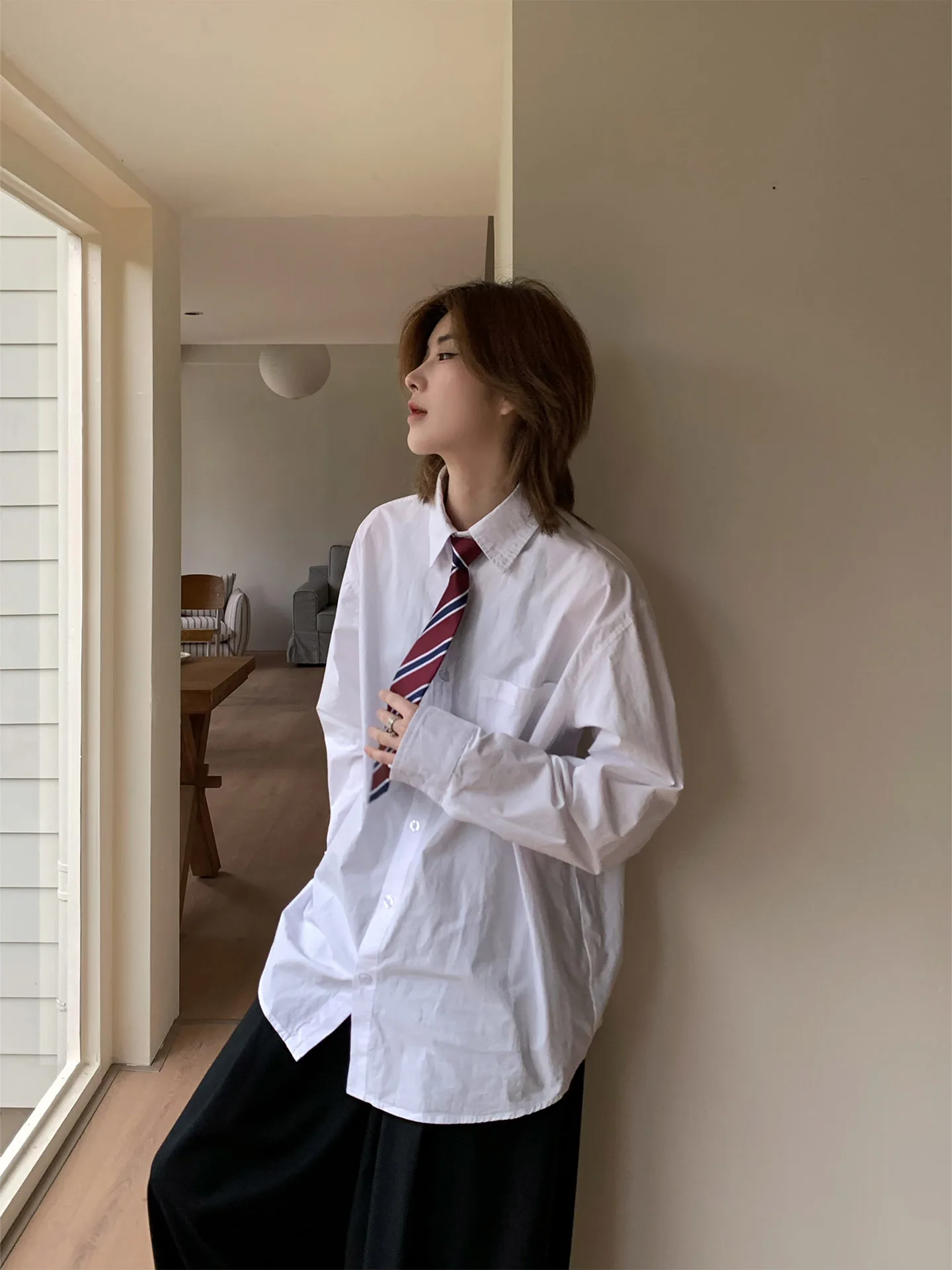 

High Intelligence Pure Cotton White Long Sleeve Shirt Neutral BF Style Layering Versatile Couple Top Never Stay up Late