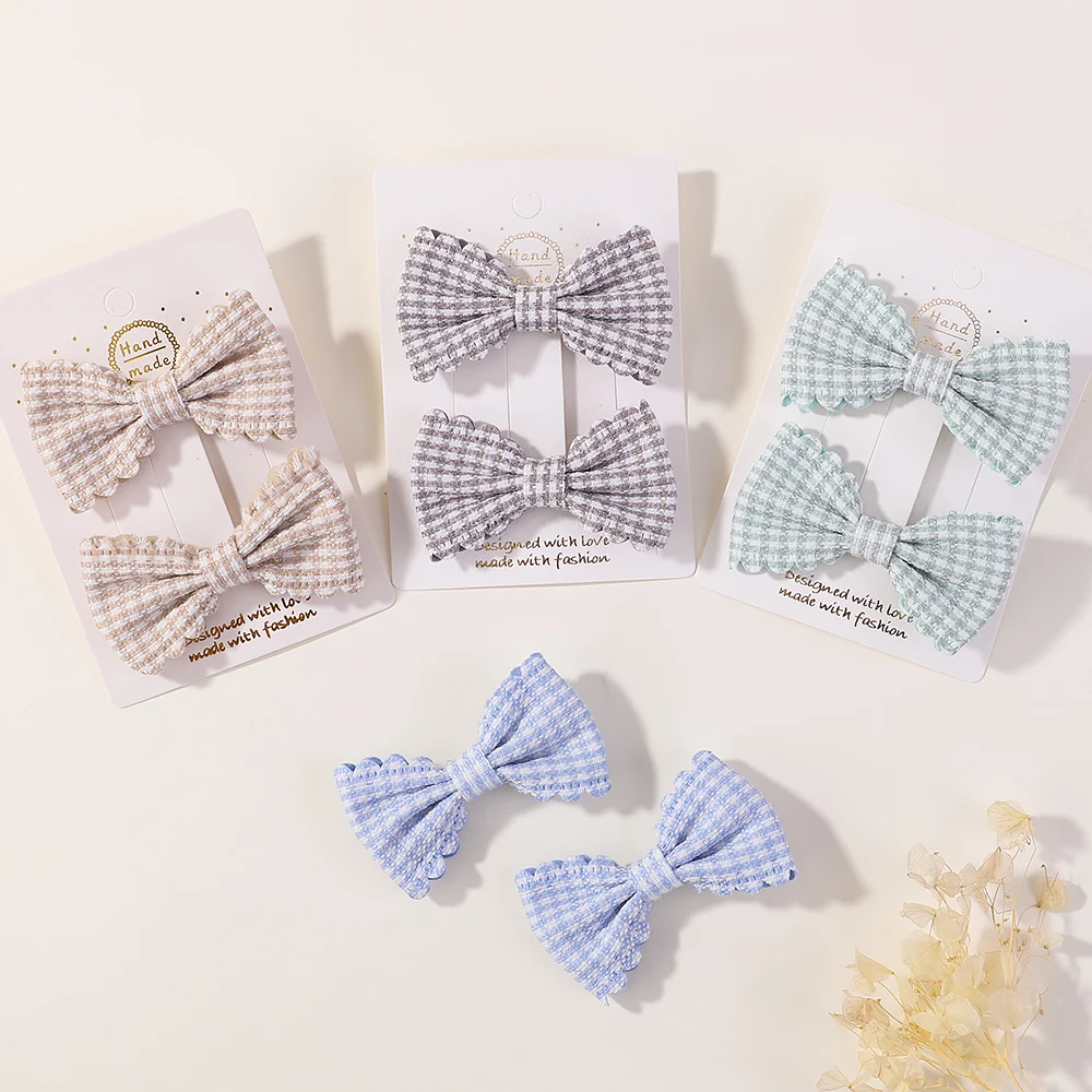 2PCS/Set New Girls Cute Plaid Print Hairpins for Kids Children Sweet Headband Hair Clips Barrettes Fashion Bow Hair Accessories