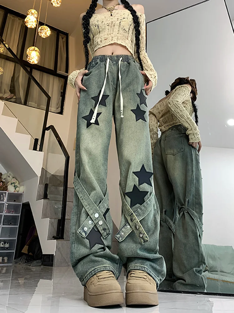 

WCFCX STUDIO Women Baggy Star Jeans Vintage Harajuku Oversize High Waist Denim Trouser 2000s Y2k 90s Aesthetic Wide Pants