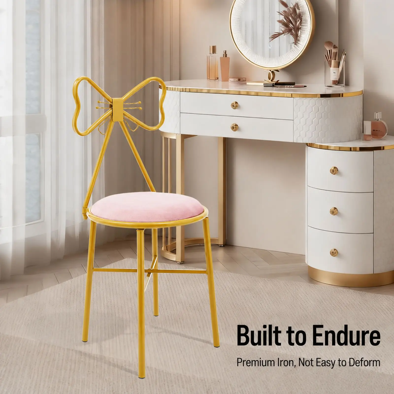 Pink Butterfly Backrest Vanity Chair Gold Plastic Sprayed Iron Frame 100kg Load Anti-slip Feet Girly Makeup Stool view 5