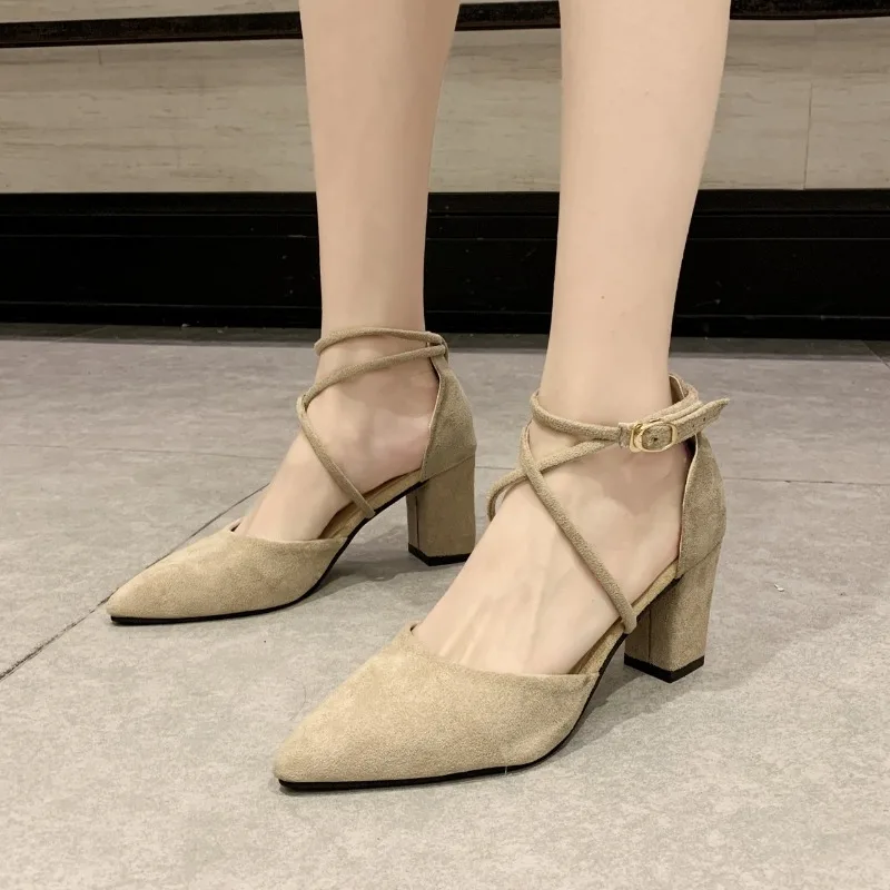 

High Heels Women's Summer Block Heel Pointed Toe Shallow Cross Lace-up Roman One Buckle Strap Hollow Sandals