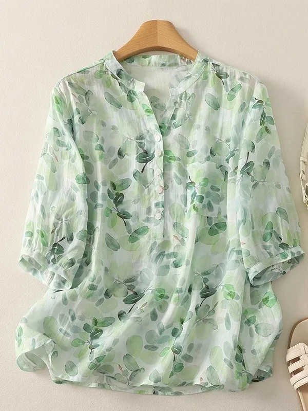 

Women's Mid-Sleeve Linen Shirt V-Neck Half-Unbuttoned Print Design Artistic Casual Summer Top Shape Fit