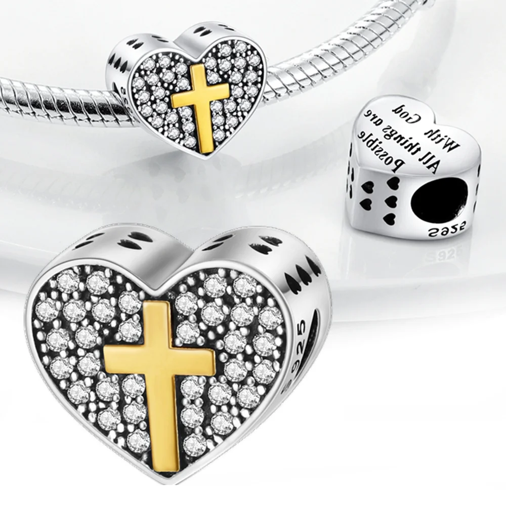 

Charms Plata 925 Yellow Crucifix Heart-shaped Zircon Beads Fit Original 925 Bracelets Charms for Women Jewelry DIY Making Gifts