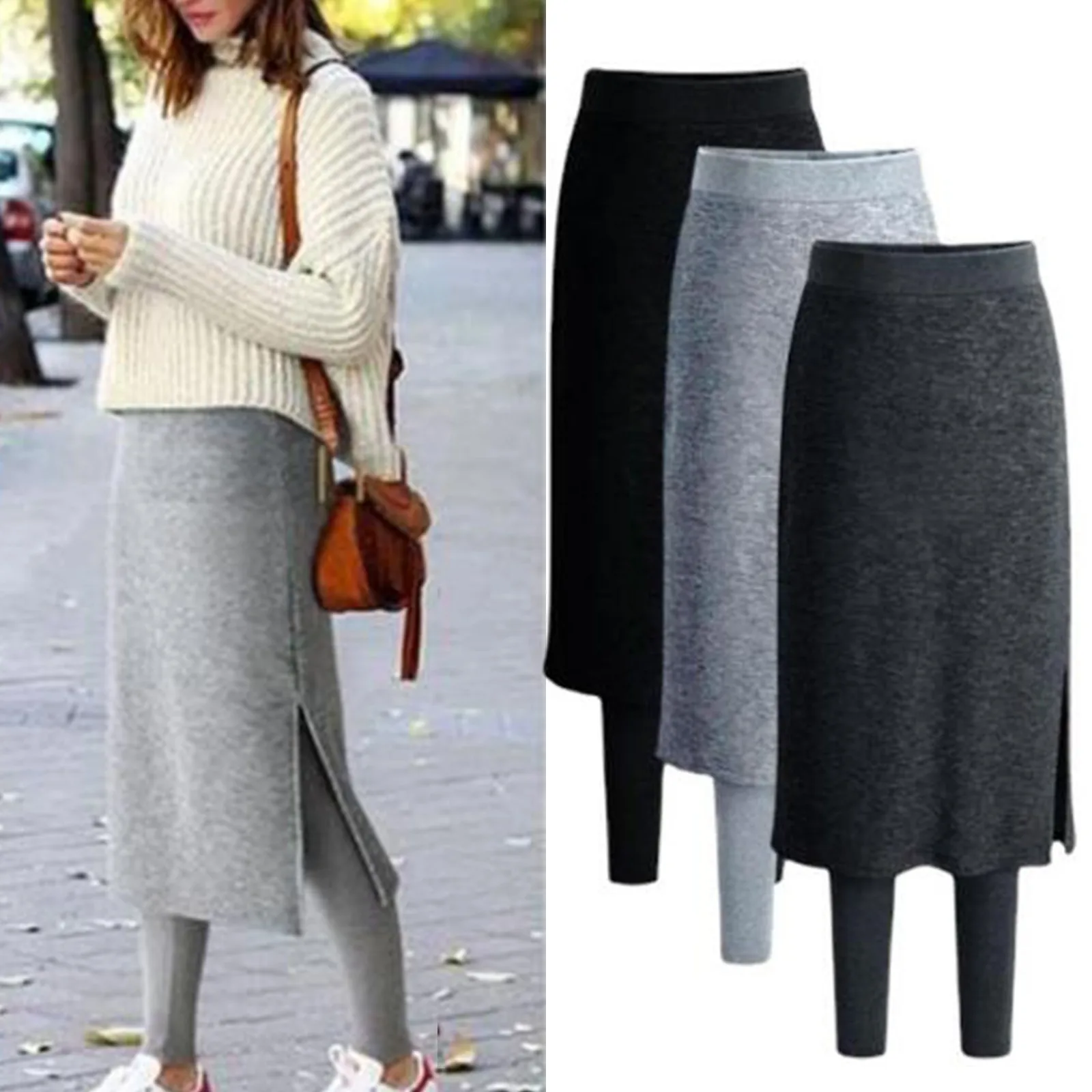 

Warm Skirt Women Plus Size Fleece Fake Two Piece Culottes Skirt Leggings Pants Casual High Waist Tights Slim Thermal Skirt Pants