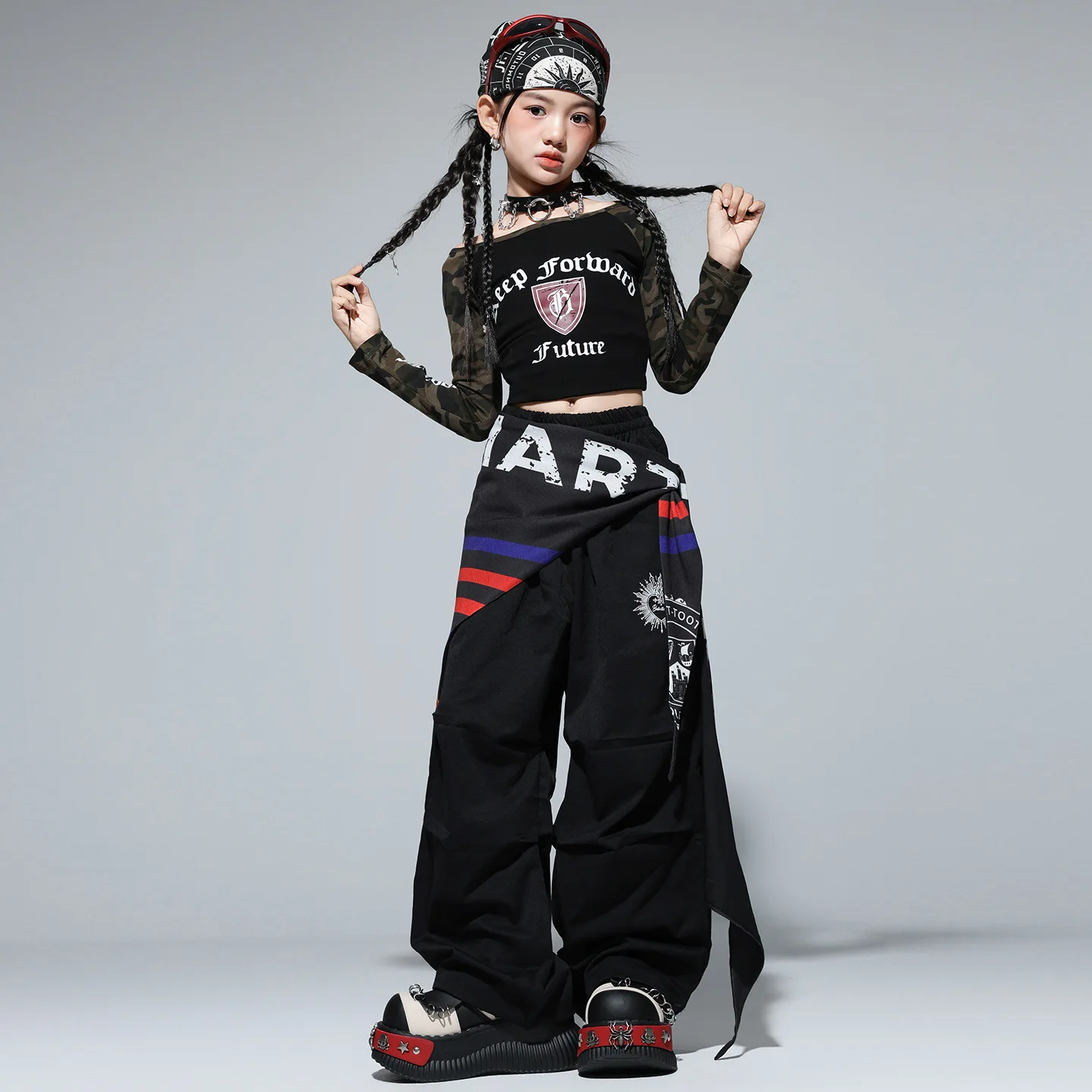طفل الهيب هوب الملابس السوداء المحاصيل طويلة الأكمام قمم الجيش الأخضر المظلة السراويل للفتيات مجموعة الشارع ملابس رقص الملابس