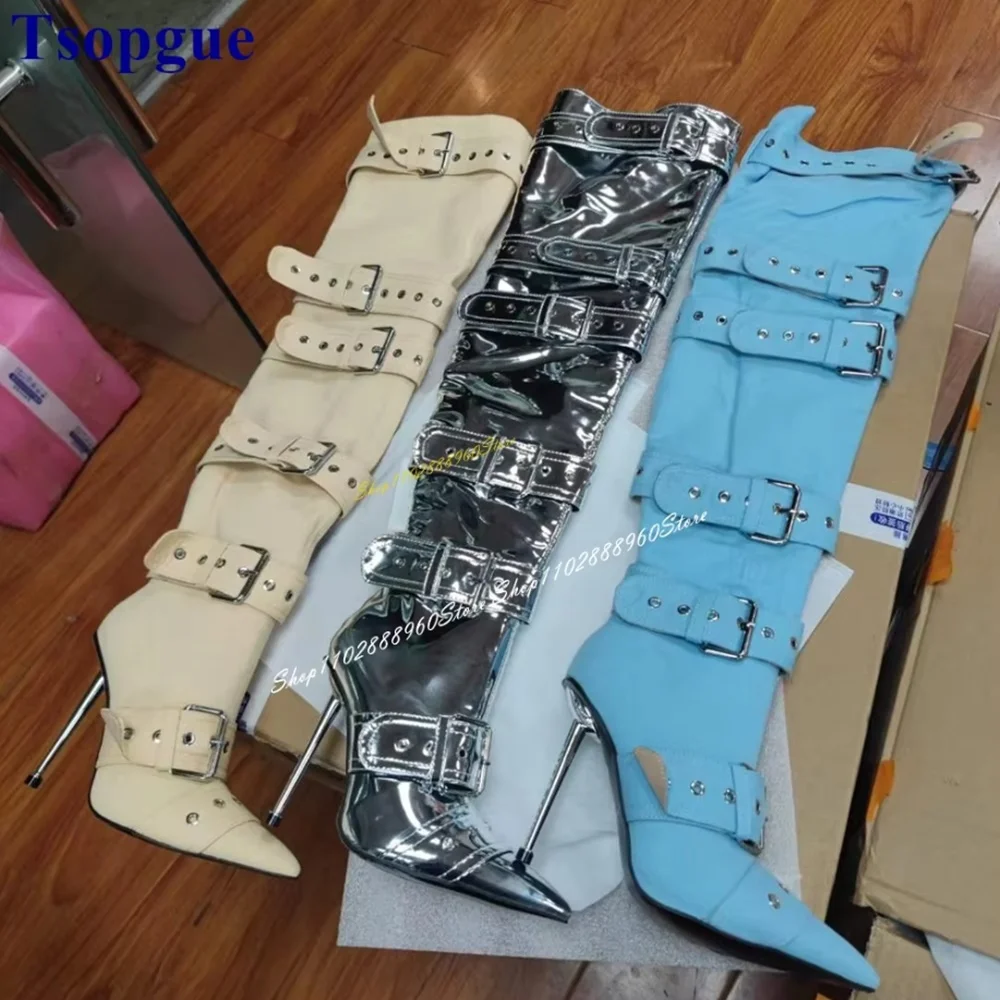 

Over The Knee Solid Buckle Strap Metal Heel Boots Thin High Heel Women Shoes Side Zipper Pointed Toe Fashionable Casual Boots