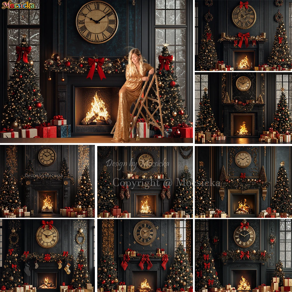 

Christmas Room Fireplace Background Photography Black Retro Wall Xmas Tree Clock Gift Backdrop Winter Kids Family Photo Studio