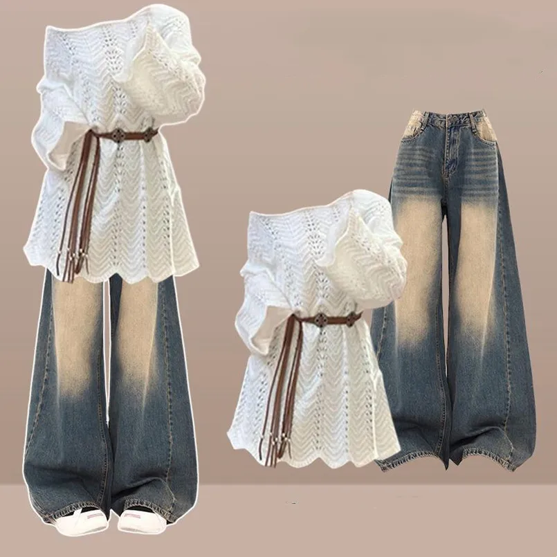 

Spring and Autumn Maillard Temperament Outfit with Hollowed Out Top+retro Hong Kong Style Wide Leg Jeans Two-piece Set