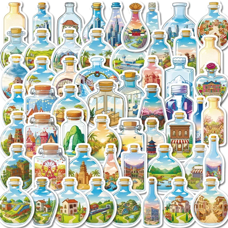 

56PCS Glass Bottle Building PVC Sticky Sticker Aesthetic Colored DIY Decoration Phone Laptop Luggage Skateboard Graffiti Decals