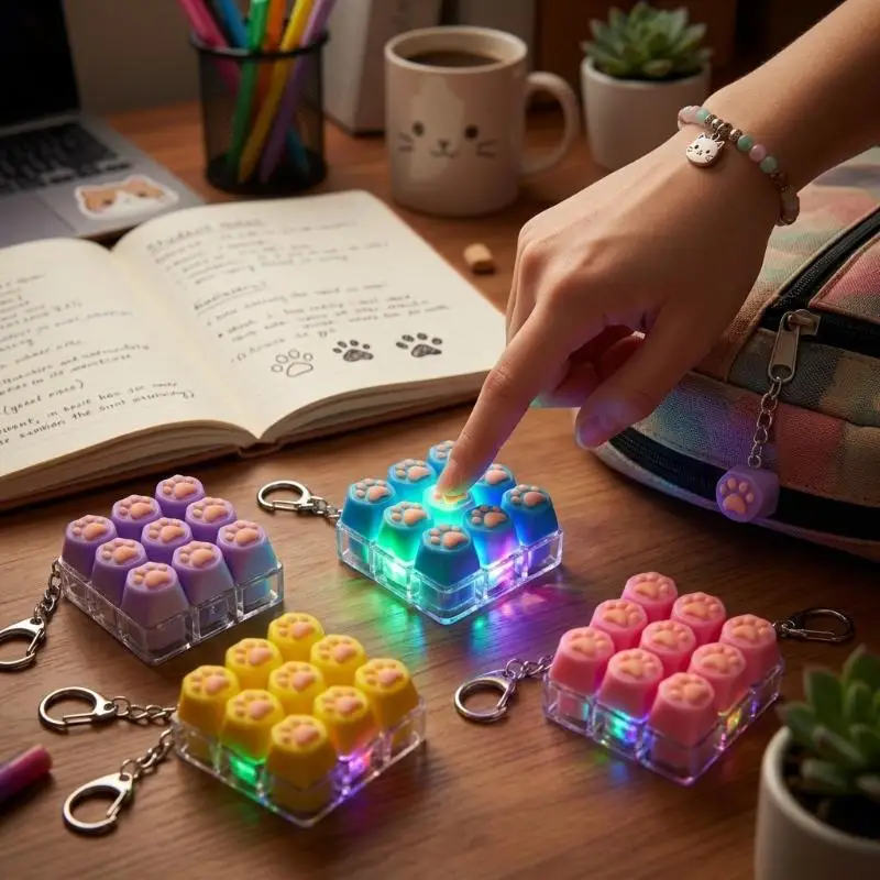 Cute Cat Paw Mini Keyboard Keychain RGB Glowing Light Stress Relief Backpack Pendant for Teenagers Gifts