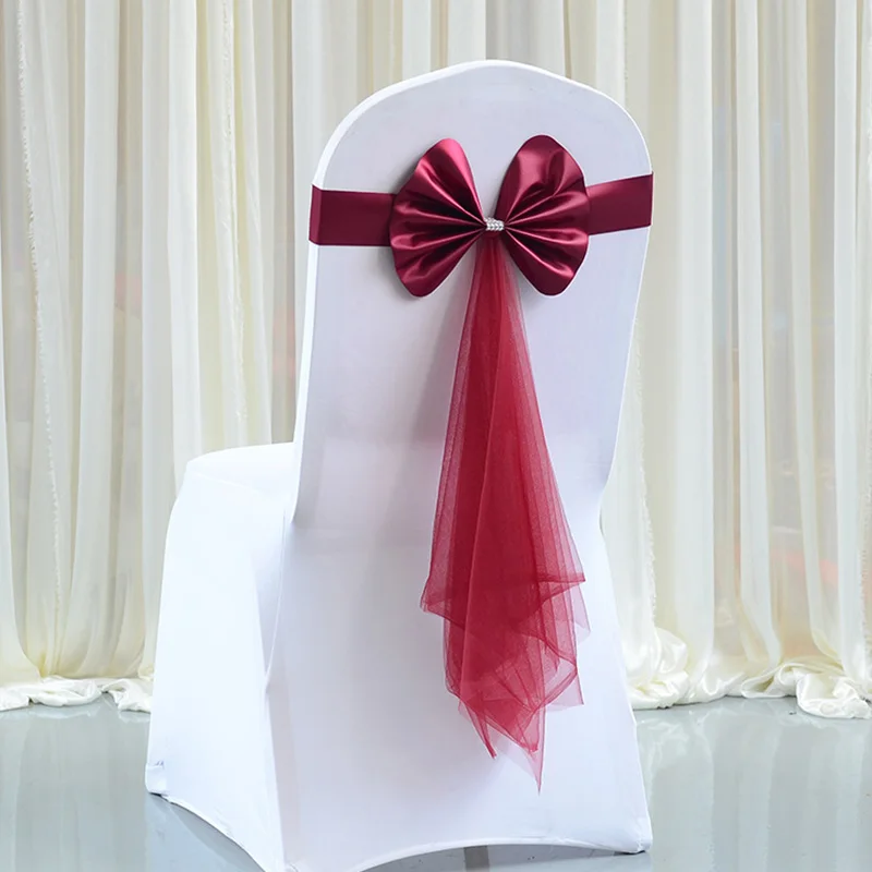 1Pc Stretch Chair Sashes Wedding Sashe Chair Decoration Red Wine/Blue/Purple/Pink Chairs Bow Band Belt Ties For Weddings Banquet