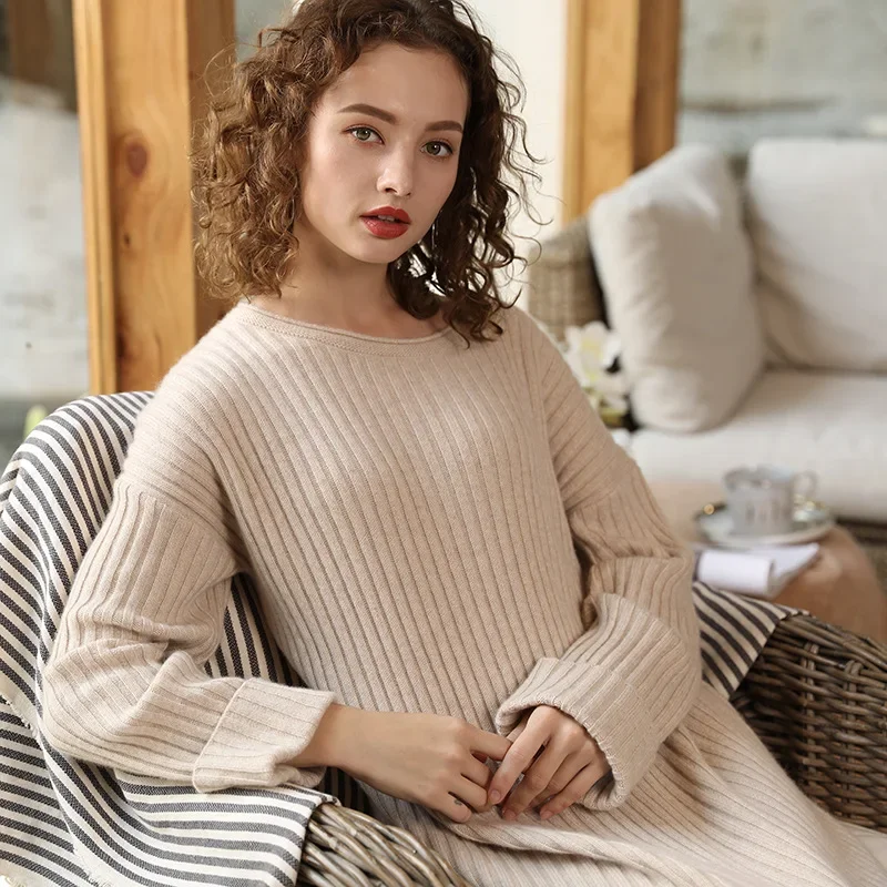 ribbed knitted 100% cashmere sweater dresses women