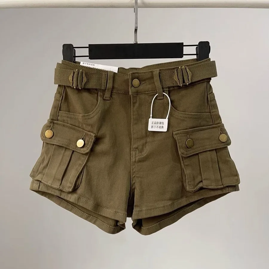 

Women Denim Shorts Solid Cargo Short Button Pocket Mini Length Zipper Fly Empire Waist Loose Fit Streetwear Casual 2026 Summer