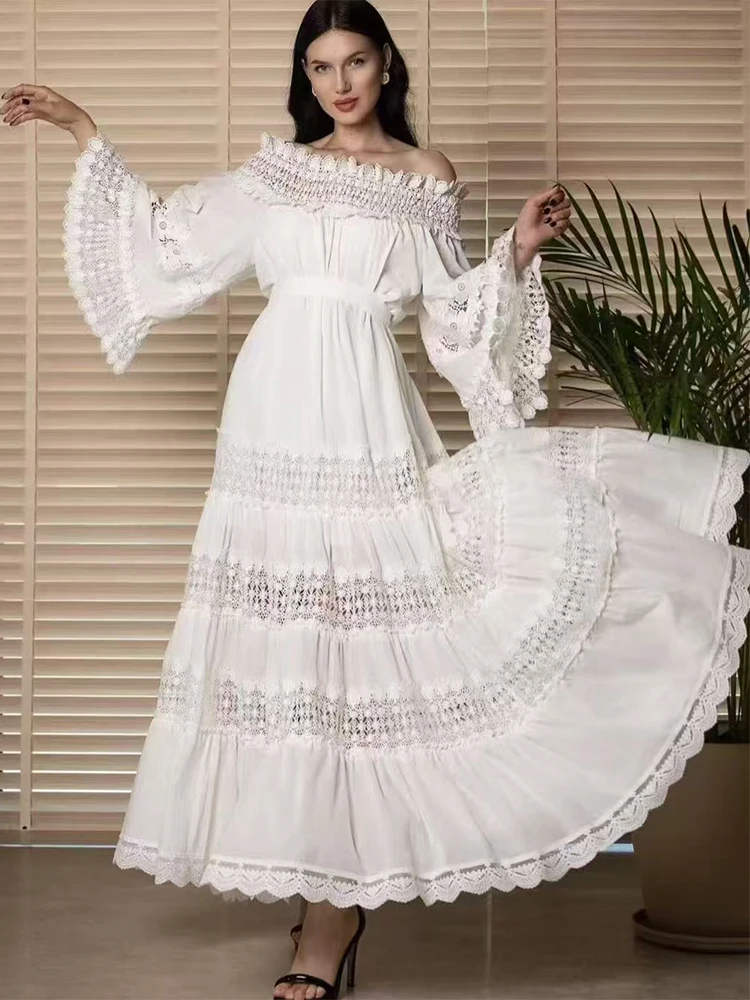 

Retro spring and summer women's new stylish shoulder lace swing loose dress temperament holiday wind tie waist flared sleeve dre