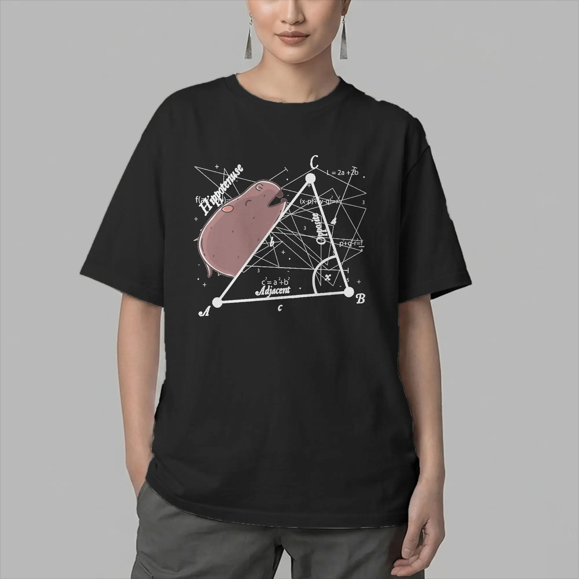 Hippotenuse Adjacent Opposite T-Shirt Men Math Funny Hippo Vintage 100% Cotton Tees Crew Neck Short Sleeve T Shirts Clothes