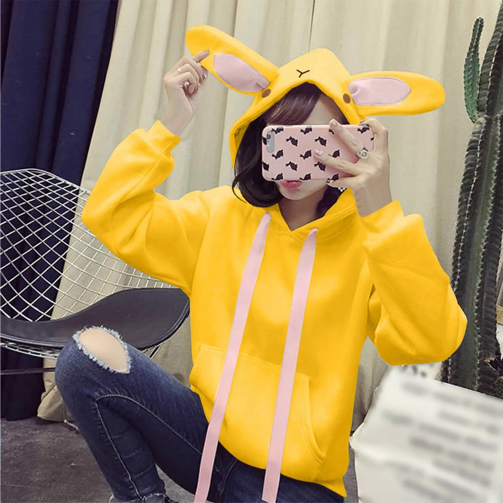 Cute Bunny Ear Blouse Round Neck Pullover Ladies' Winter And Winter Hooded Home Fashion Casual Kawaii Coat Daily With Pockets