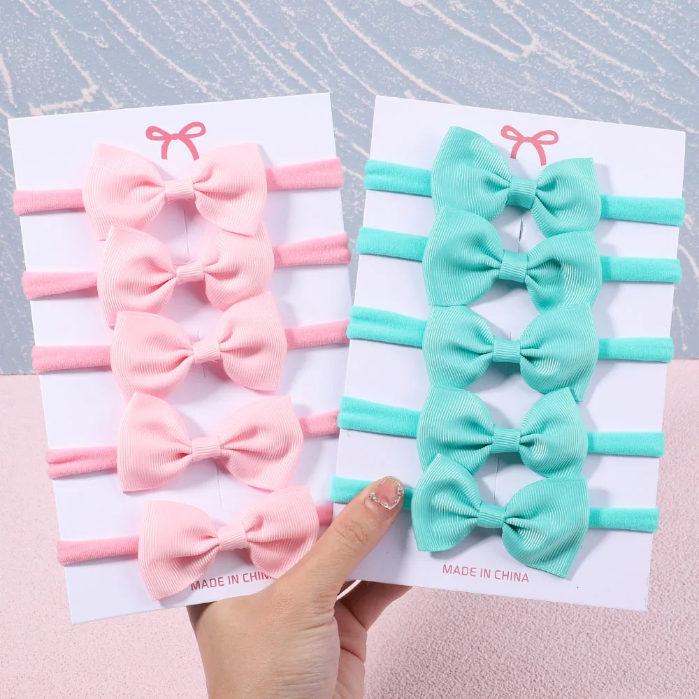 5Pcs/Set New Girls Solid Color Bowknot Elastic Headband for Baby Kids Grograin Ribbon Headwear Infant Hair Accessories Wholesale