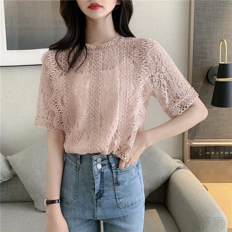 Lace Cropped Shirts Summer Women Short Sleeve O-Neck Blouse Hollow Out Elegant Blusas Y2k Japanese Korea Fashion Retro Slim Tops