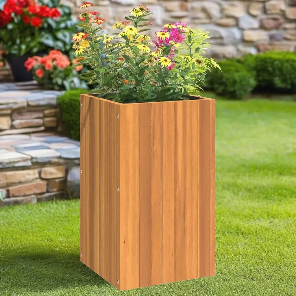 Solid Acacia Wood Garden Planter 13.8x13.8x23.6 Durable Outdoor Flower Pot