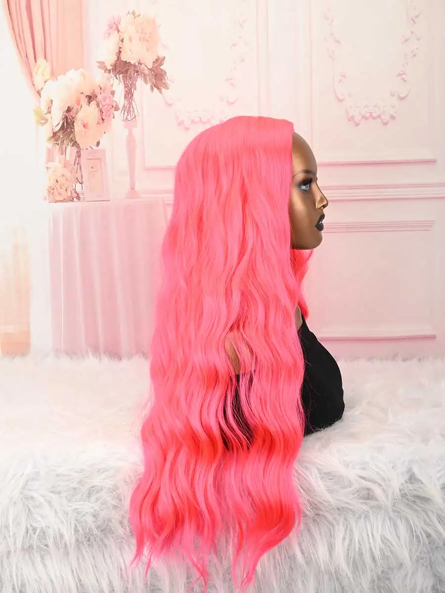 Long Wavy Middle Part With No Bangs Synthetic Fiber Curly Fashion Women Party Cosplay Wig (Light Pink)