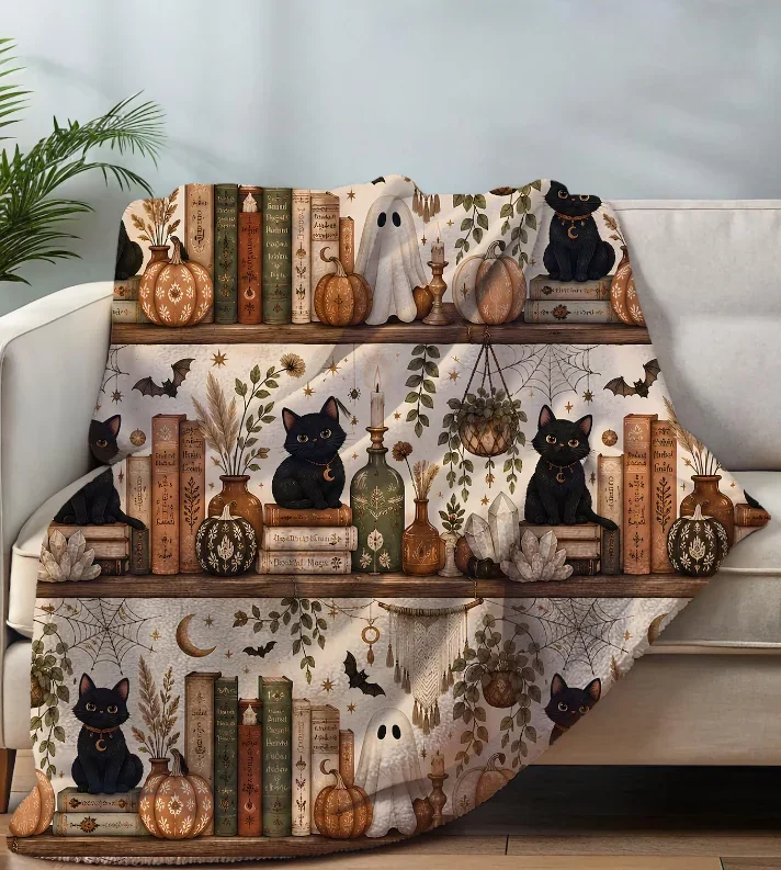 Spooky Bookshelf Cats Velveteen Plush Blanket  Halloween Pumpkins & Ghosts Sofa, Bedroom Blanket, Home Decoration