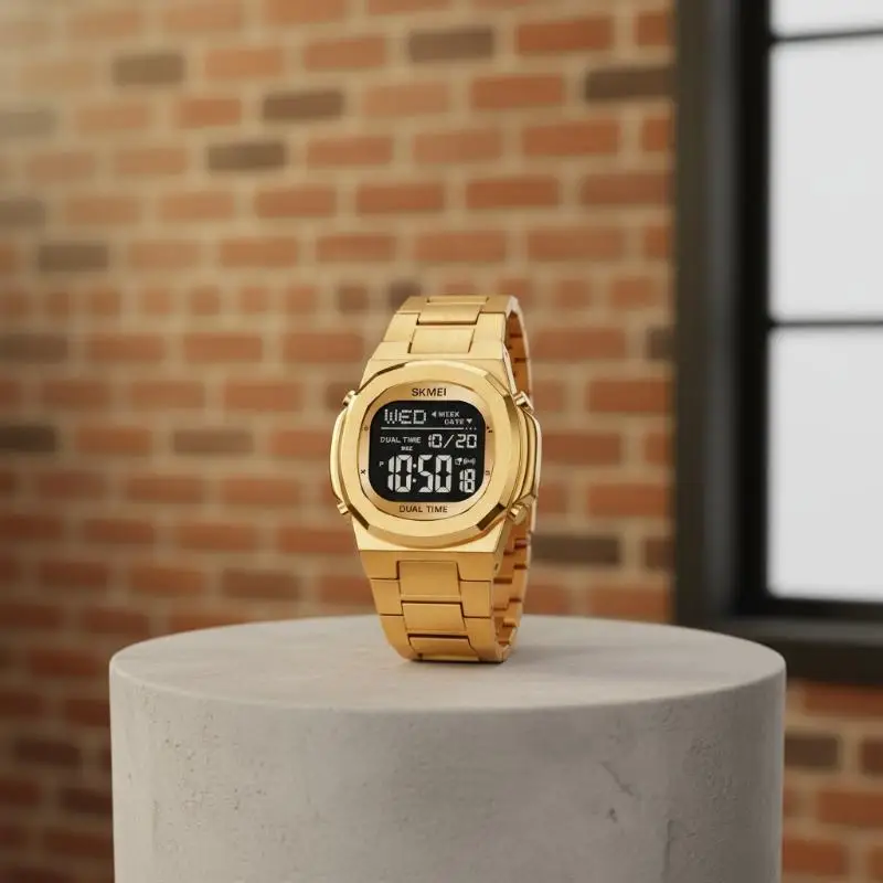 Goldene Digitaluhr mit Edelstahlarmband, Doppelzeit, Wochentags- und Datumsanzeige für den täglichen Business- und Freizeitgebrauch. – Detail 4