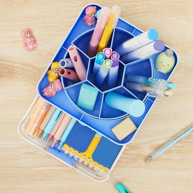 حامل قلم رصاص دوار، منظم مكتبي، حامل فرشاة للمكياج مع 11 حجرة للمنزل باللون الأزرق