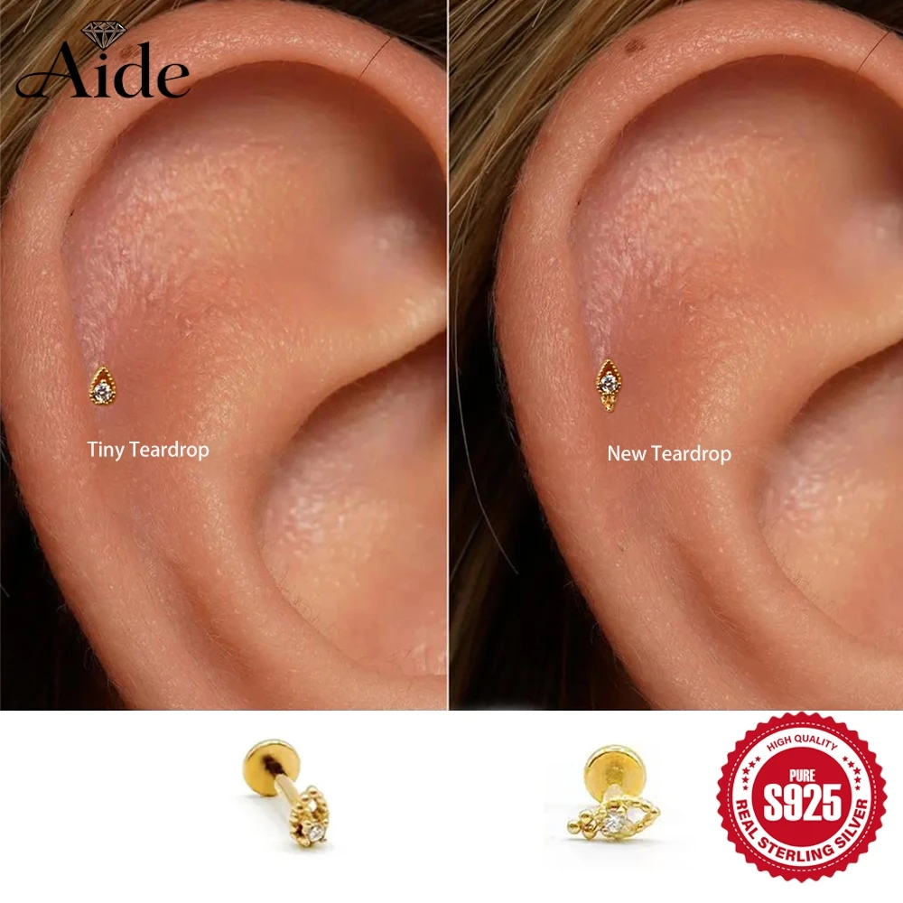 AIDE1 Pc  925 Sterling Silver Tiny Teardrop Studded Diamond For Women For Lobe Tragus Cartilage Piercing Summer Ear Jewelry Gift