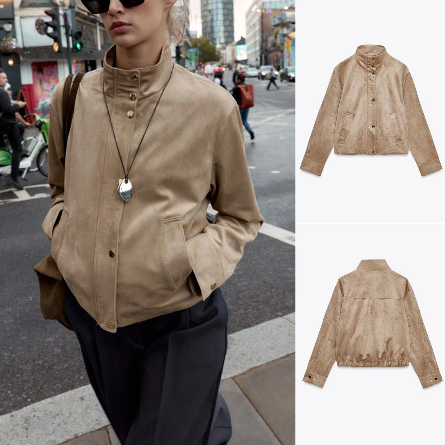 

Новое осеннее женское пальто Hepburn Sle с воротником-стойкой и длинной молнией-молнией из искусственной замши, куртка из полиэфирного волокна, 00% обычное Thi...