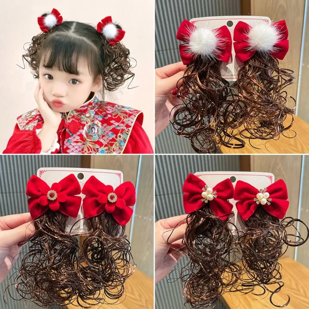 2pcs Baby Wig Hairpin Cute Kids Headwear Children\'s Bow Wig Fluffy Curly Red Bowknot Hairclip New Year Festivel