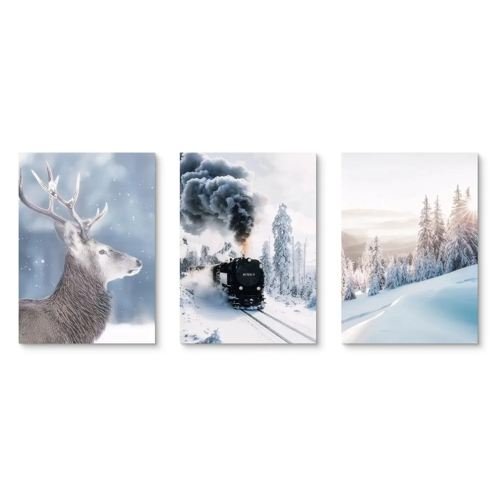 Modern winter natural snow scene Nordic elk train forest living room bedroom decoration hanging painting core poster