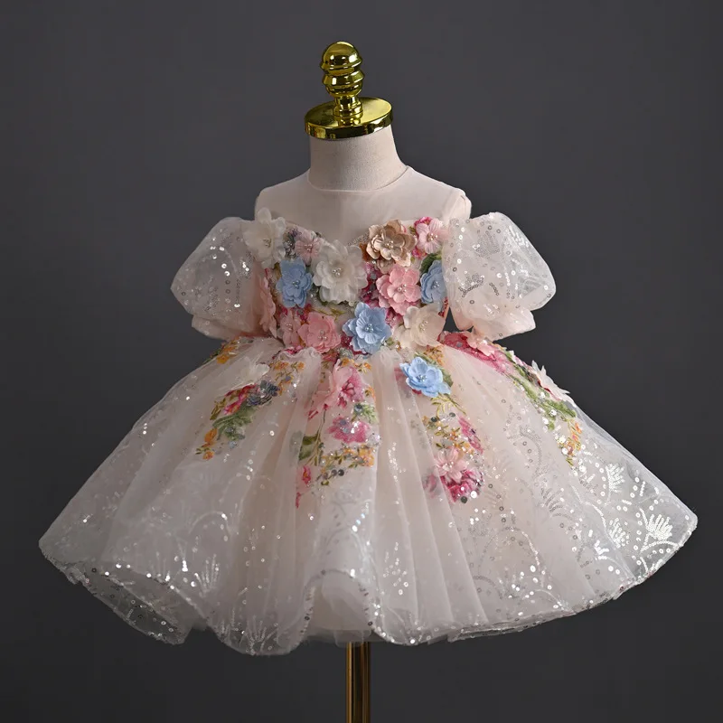 

2026 Girls Evening Party Dress Children Floral First Birthday Princess Gown Host Celebration Formal Attire Pageant Dinner Outfit