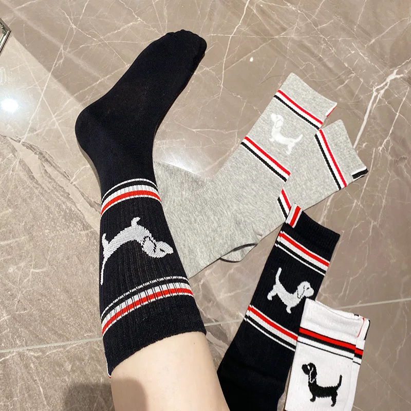 Fashion Brand Cartoon Puppy Midtube Socks Women Trend Classic Striped Socks Black White Grey Unisex Couples Casual Cotton Socks