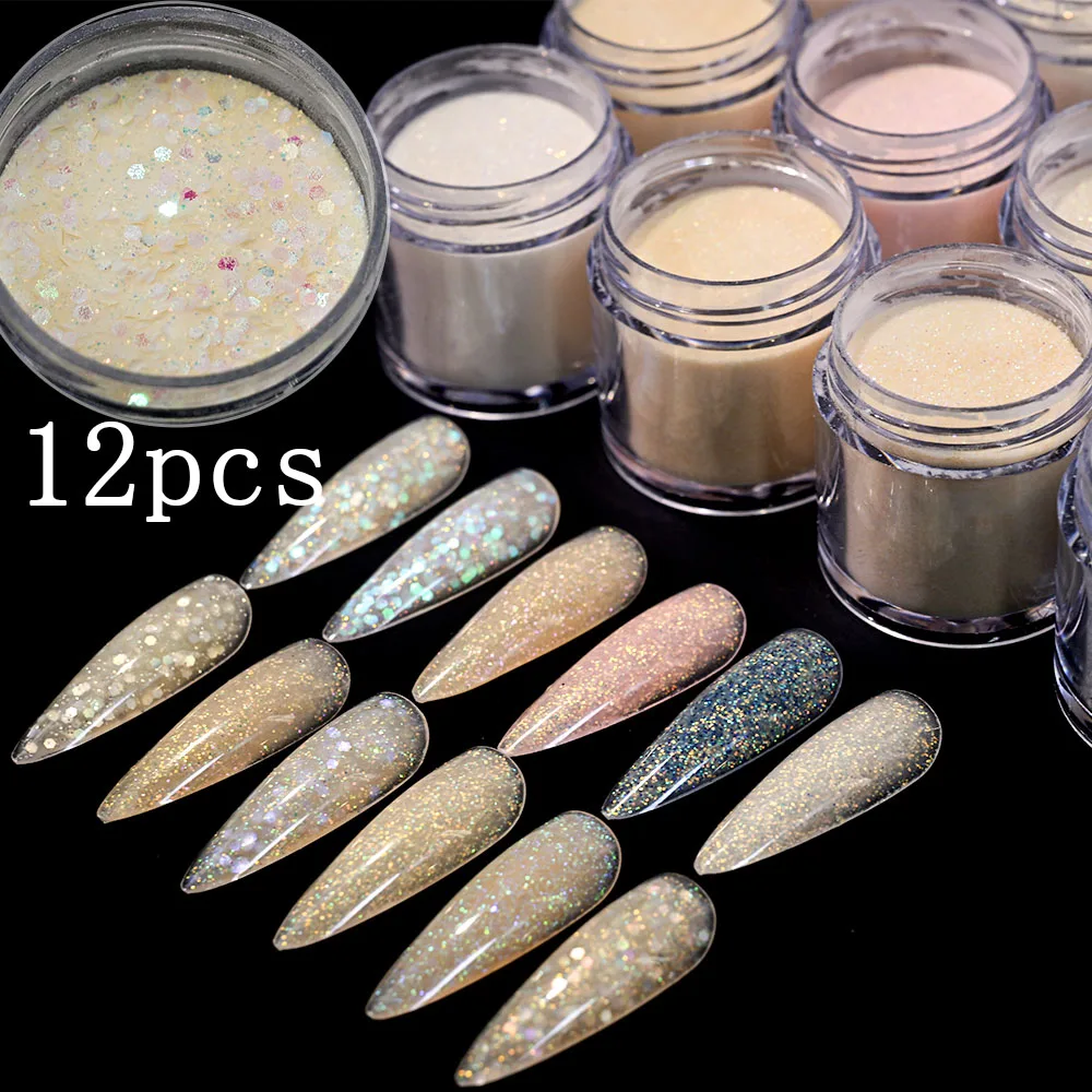 12pcs Professional Acrylic Powder Mixed Glitter Round Hexagon Glitter Sequins Crystal Powder Nail System Dust For Manicure Salon