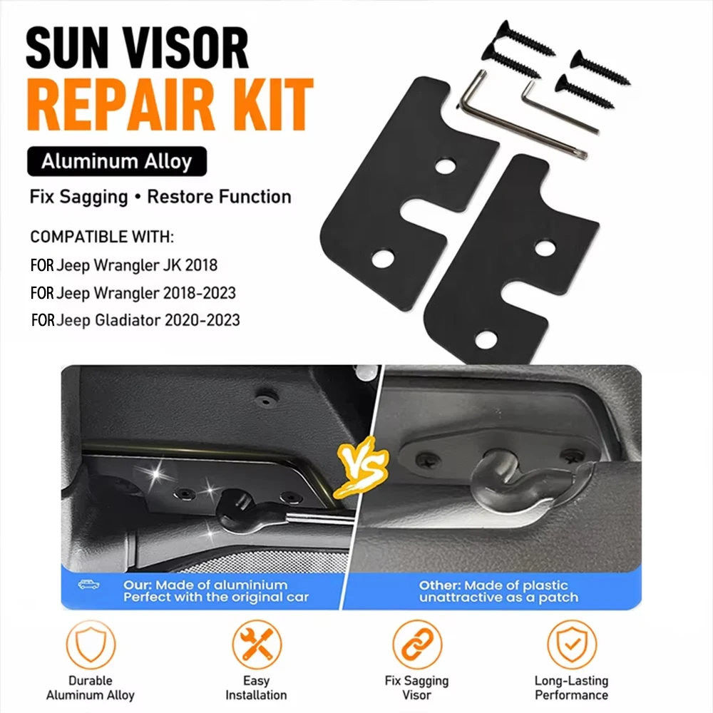 Durable Metal Visor Bracket Repair Kit, Anti-Sagging Sun Shade Fix Hardware for Jeep Wrangler & Gladiator Specific Years