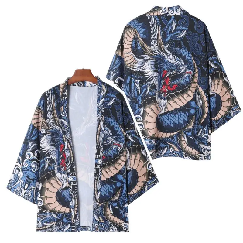 Men Summer Japanese Style Dragon Print Kimono Cardigan Asia Traditional Samurai Blue Cloud Patterned Waves Yukata Top Streetwear