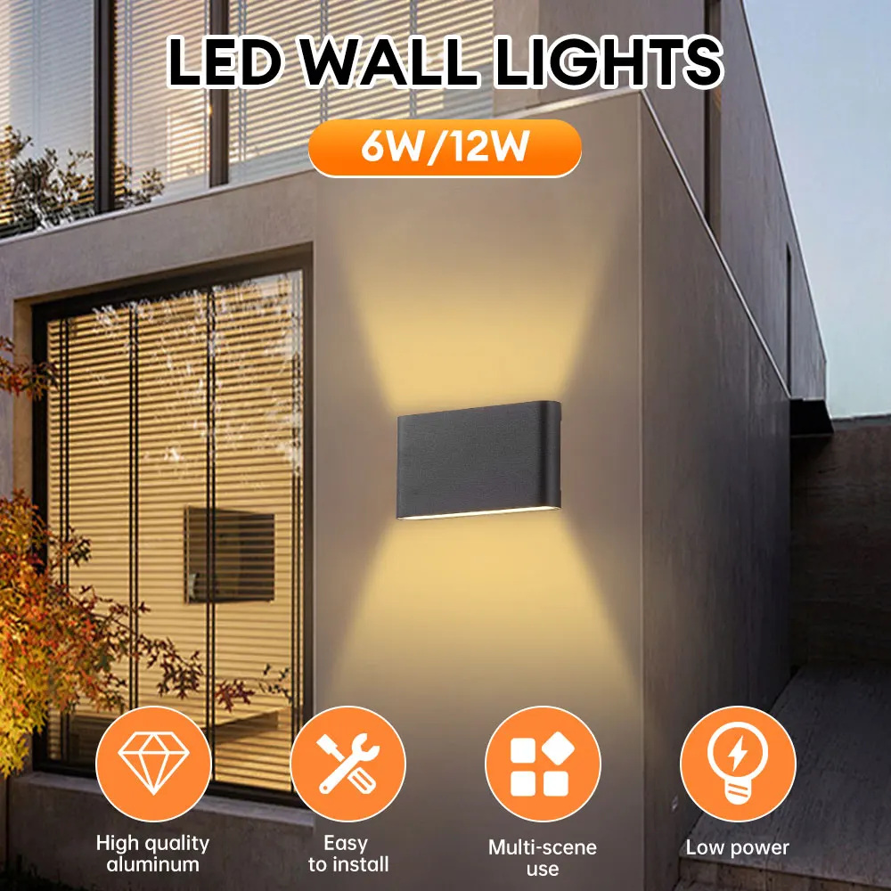 6W/12W LED Wall Lamp Bedroom Living Room Stairs Hallway Up and Down Wall Light Garden IP65 Waterproof Wall Lamp AC85-265V