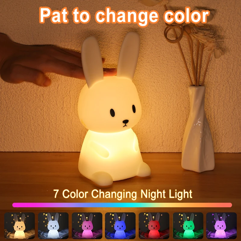 New LED Rabbit Night Light Bedroom Lamp Touch Sensor Silicone Animal Rechargeable Lights Lantern  Cute Gift For Kids Children