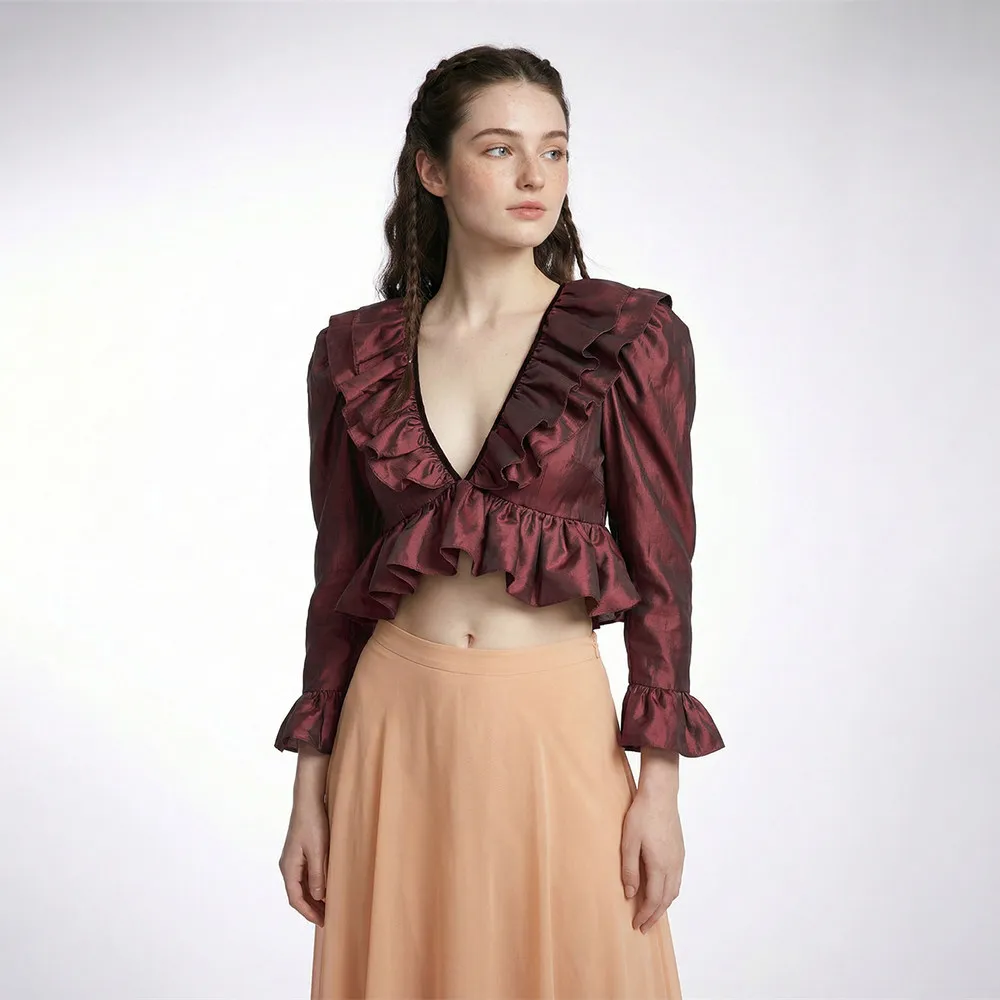 2026 New Style V-neck Pleated Ruffled Bubble Sleeve Shirt with Gathered Waist and Crop Top for Women t shirts