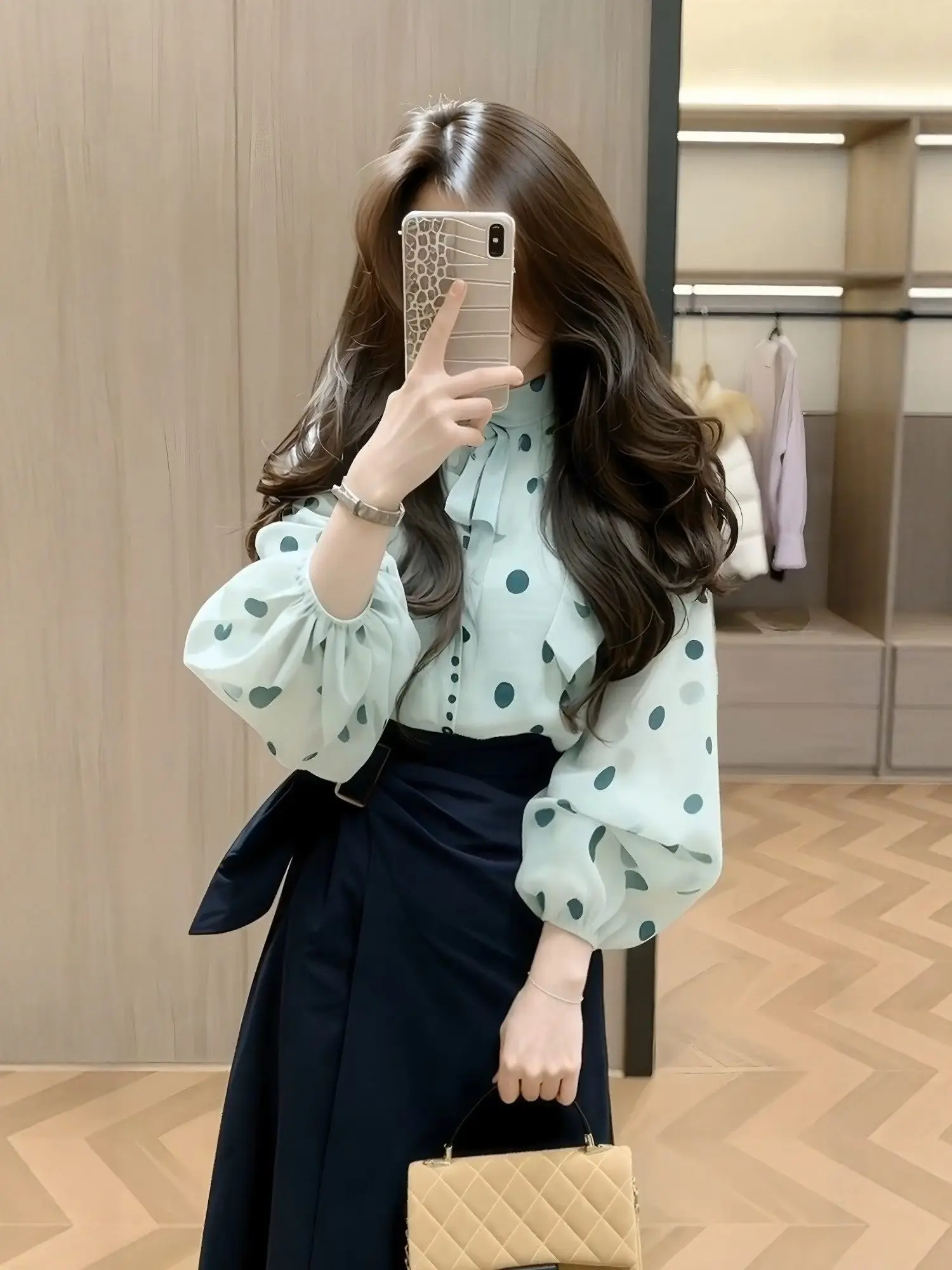 

Green Polka Dot Shirt And High Waist Lantern Sleeve A-Line Skirt Set Women's Fashion Spring Outfit Casual Workwear