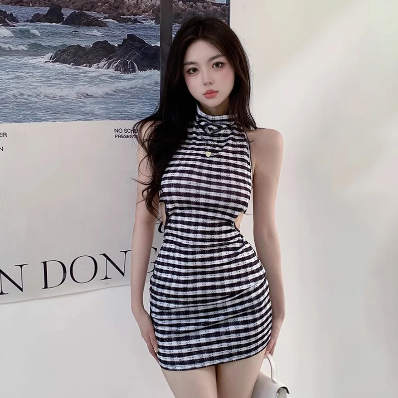 Korean Edition Summer Stripe Hanging Neck, Off Back Slim Fit, Sexy Fashion Wrap Hip Sleeveless Tank Top Dress Striped