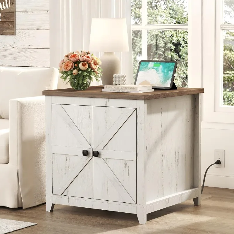 

Farmhouse End Table with Charging Station and USB Ports, 24" Large Tabletop Side Table with Double Barn Doors