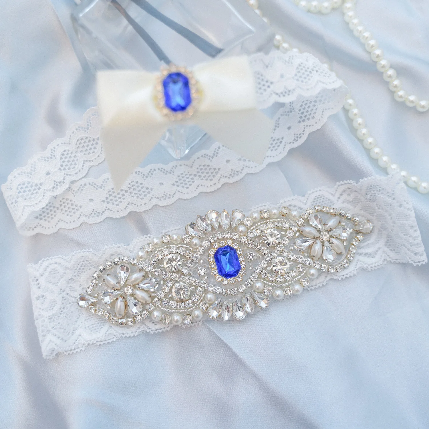 Shinny Crystals Pearls Wedding Garter Belt Bride Cosplay Party Accessories  Lace Elastic Leg Ring Bridal Leg Garter image 4